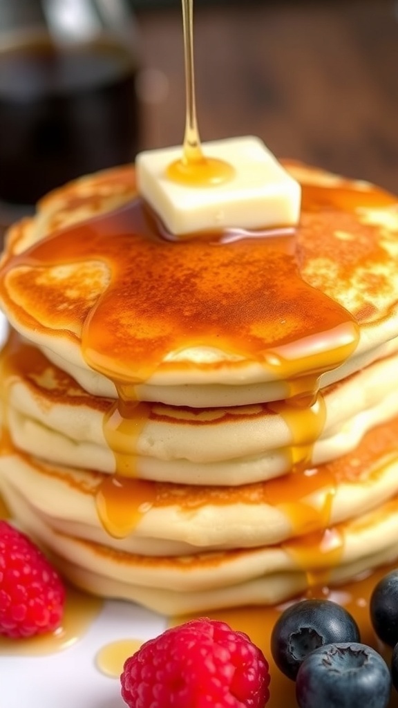 Fluffy pancakes stacked on a plate, topped with maple syrup and butter, with fresh berries on the side.